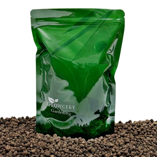 Green Growcery Gardening stand-up pouch displayed on a bed of clay pebbles (LECA) against a white background.