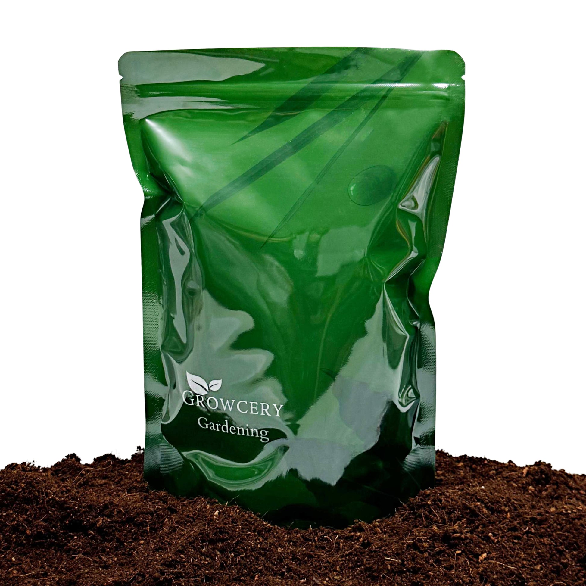 Green Growcery Gardening stand-up pouch displayed on a bed of coco coir against a white background.
