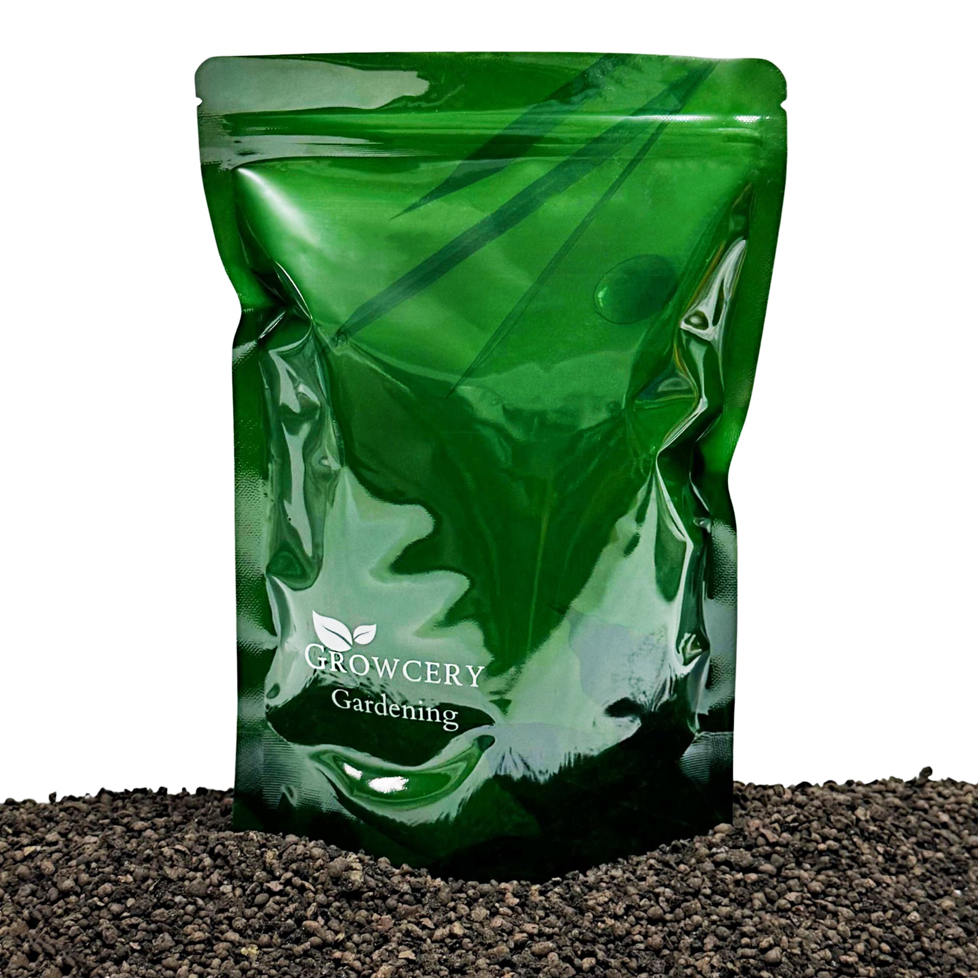 Green Growcery Gardening stand-up pouch displayed on a bed of fine grade LECA clay pebbles against a white background.