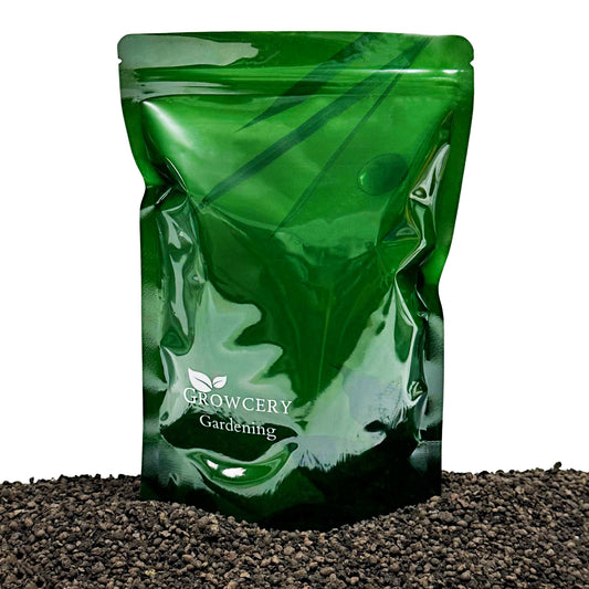 Green Growcery Gardening stand-up pouch displayed on a bed of fine grade LECA clay pebbles against a white background.