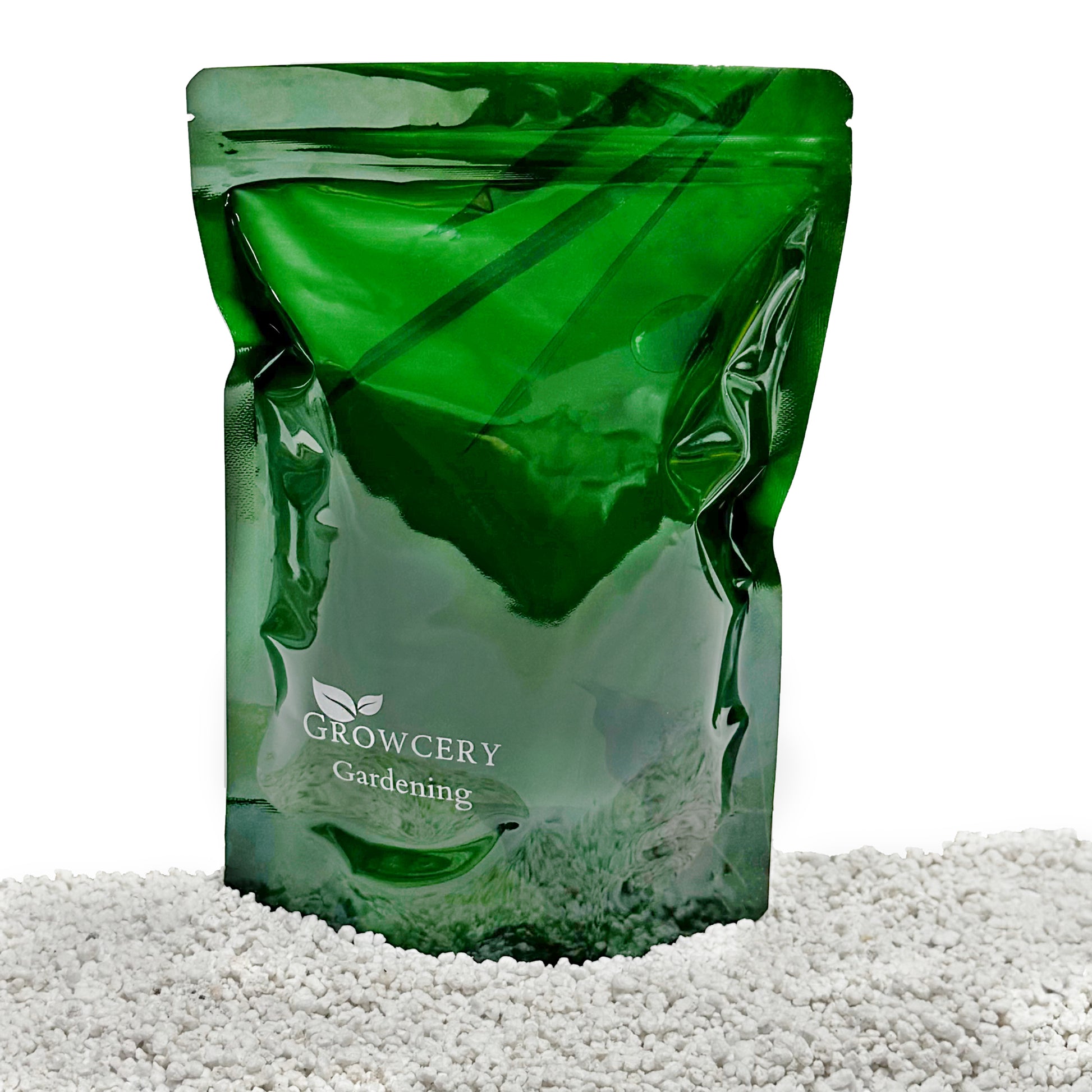 Green Growcery Gardening stand-up pouch displayed on a bed of white horticultural perlite against a white background.