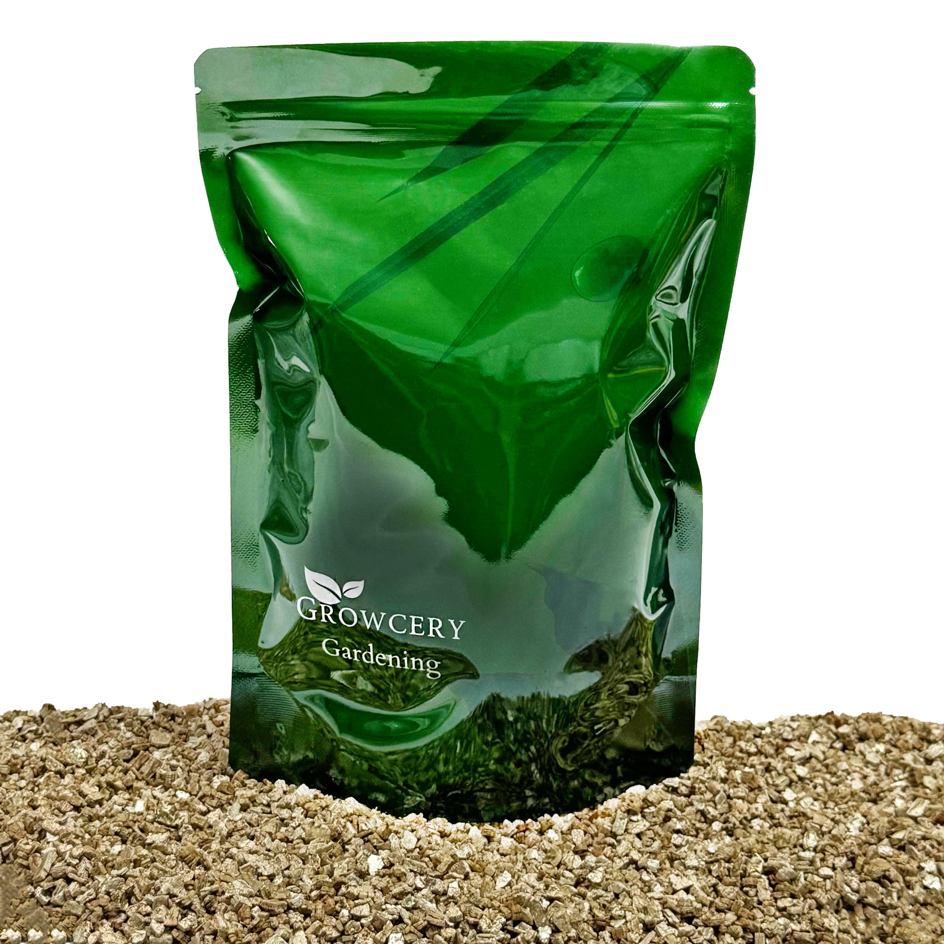 Green Growcery Gardening stand-up pouch displayed on a bed of vermiculite against a white background.