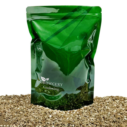 Green Growcery Gardening stand-up pouch displayed on a bed of vermiculite against a white background.