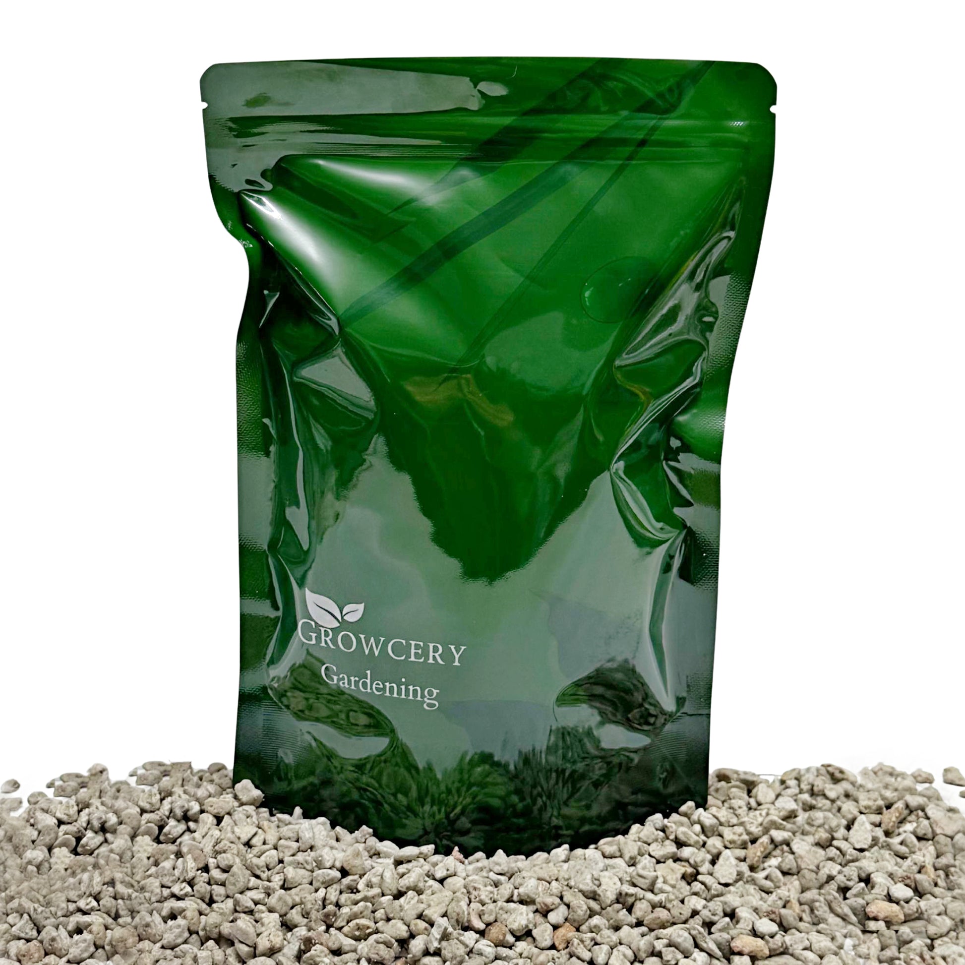 Green Growcery Gardening stand-up pouch displayed on a bed of volcanic pumice stones against a white background.