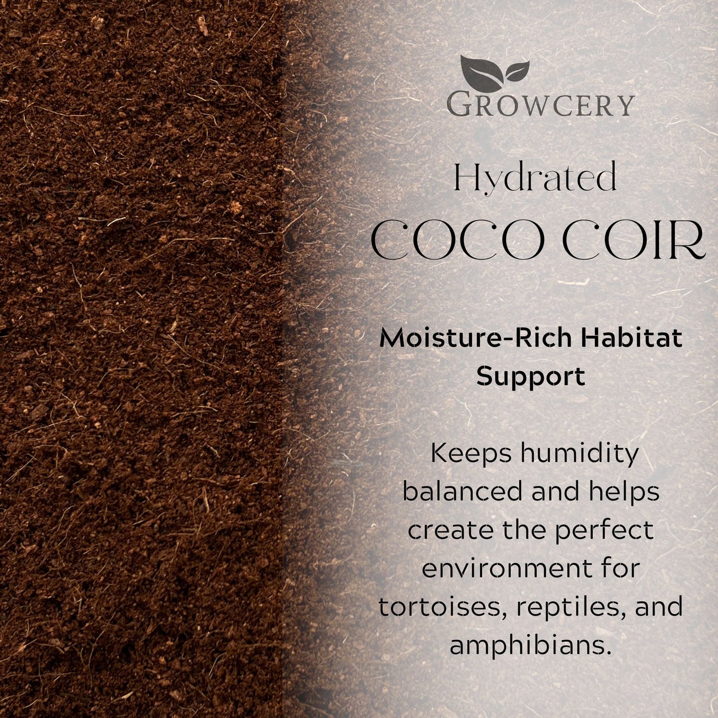 Hydrated coco coir substrate shown with text highlighting moisture-rich habitat support for tortoises, reptiles, and amphibians.