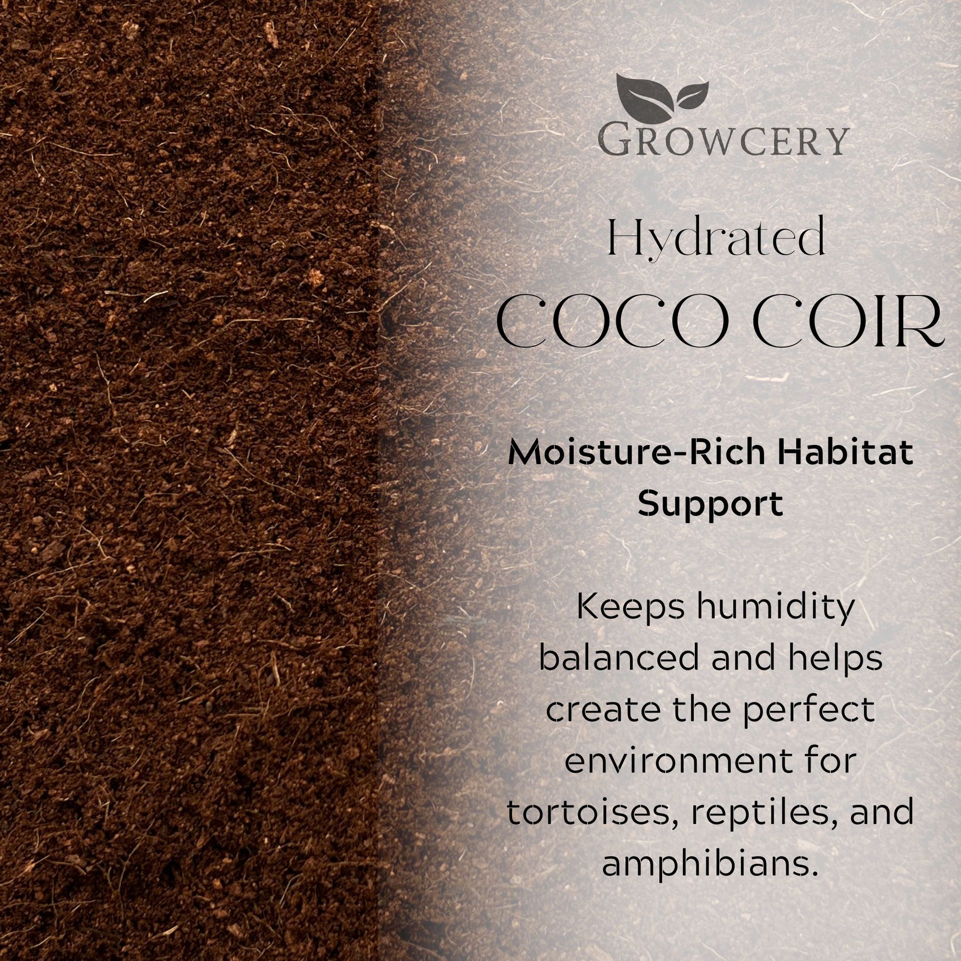 Hydrated coco coir substrate shown with text highlighting moisture-rich habitat support for tortoises, reptiles, and amphibians.