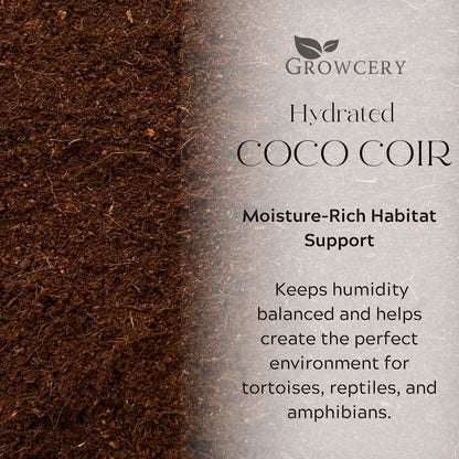 Hydrated coco coir substrate shown with text highlighting moisture-rich habitat support for tortoises, reptiles, and amphibians.