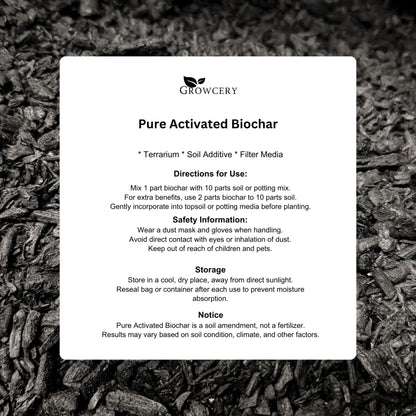 Growcery Pure Activated Biochar instruction card showing directions for use, safety information, storage and notice, on a biochar background.