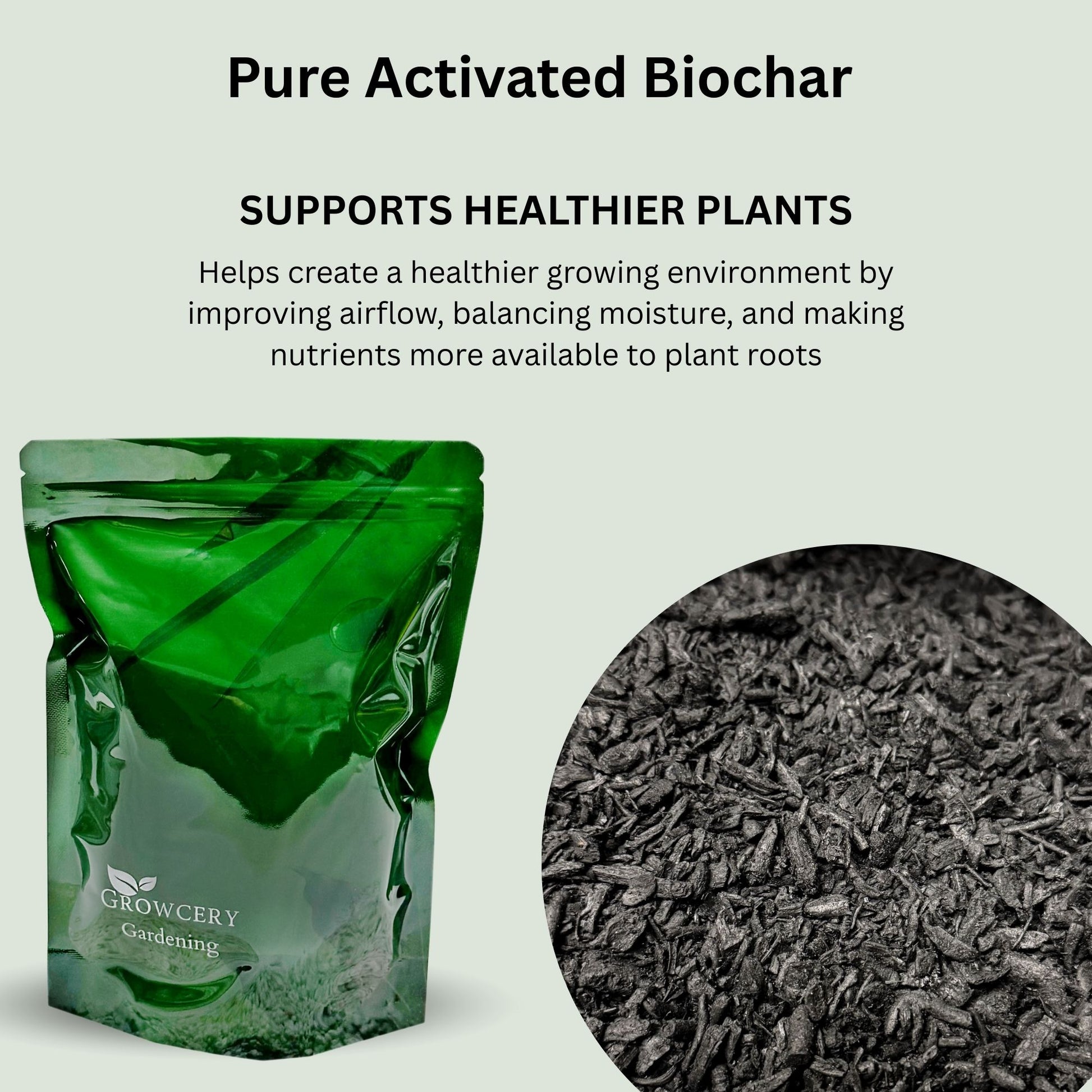 Graphic showing Growcery Gardening green pouch with biochar close-up and text: “Supports Healthier Plants.”
