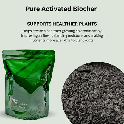 Graphic showing Growcery Gardening green pouch with biochar close-up and text: “Supports Healthier Plants.”