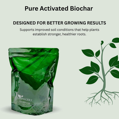 Graphic showing Growcery Gardening pouch with a plant-and-roots illustration and text: “Designed for Better Growing Results.”