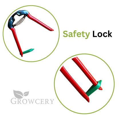 Detail view of green safety-lock catch on CHIKAMASA PST-8 pruning shears
