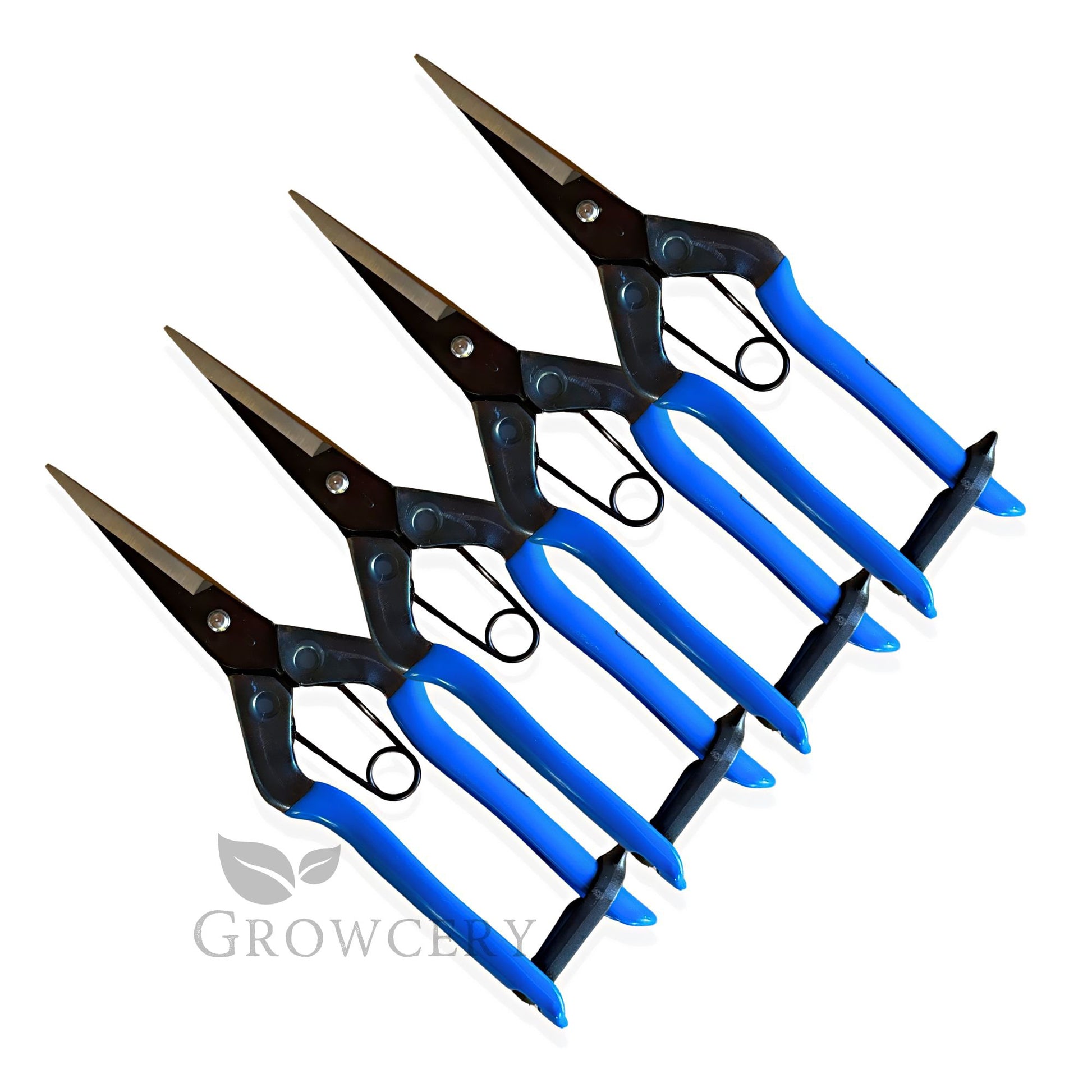 Four Chikamasa T-552 7″ trimming shears lined up showing blade and handle profile