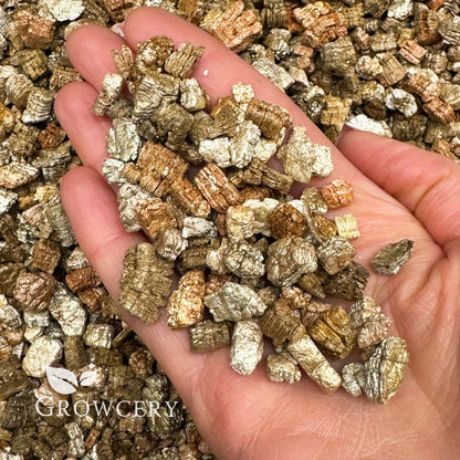 Hand holding coarse vermiculite used as a potting medium and plant compost additive