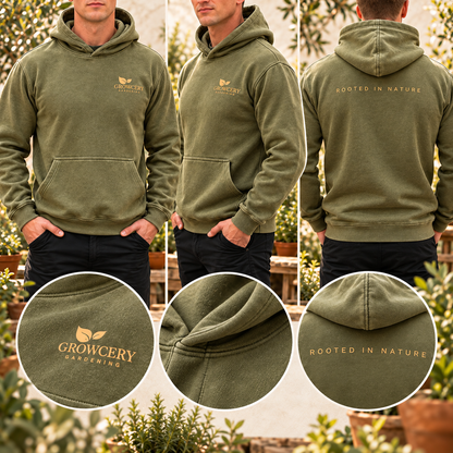 Gardening Hoodie, Oversized – Olive Green, Rooted in Nature by Growcery, comfortable cotton hoodie for outdoor enthusiasts.