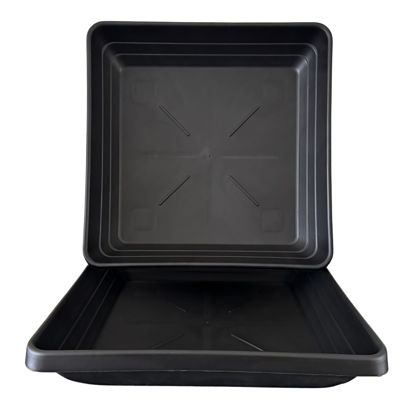 Top view of deep square plant saucers showing stackable design