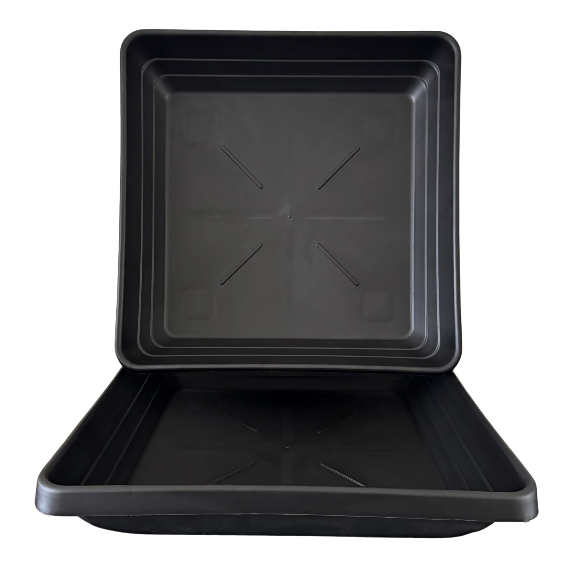 Top view of deep square plant saucers showing stackable design