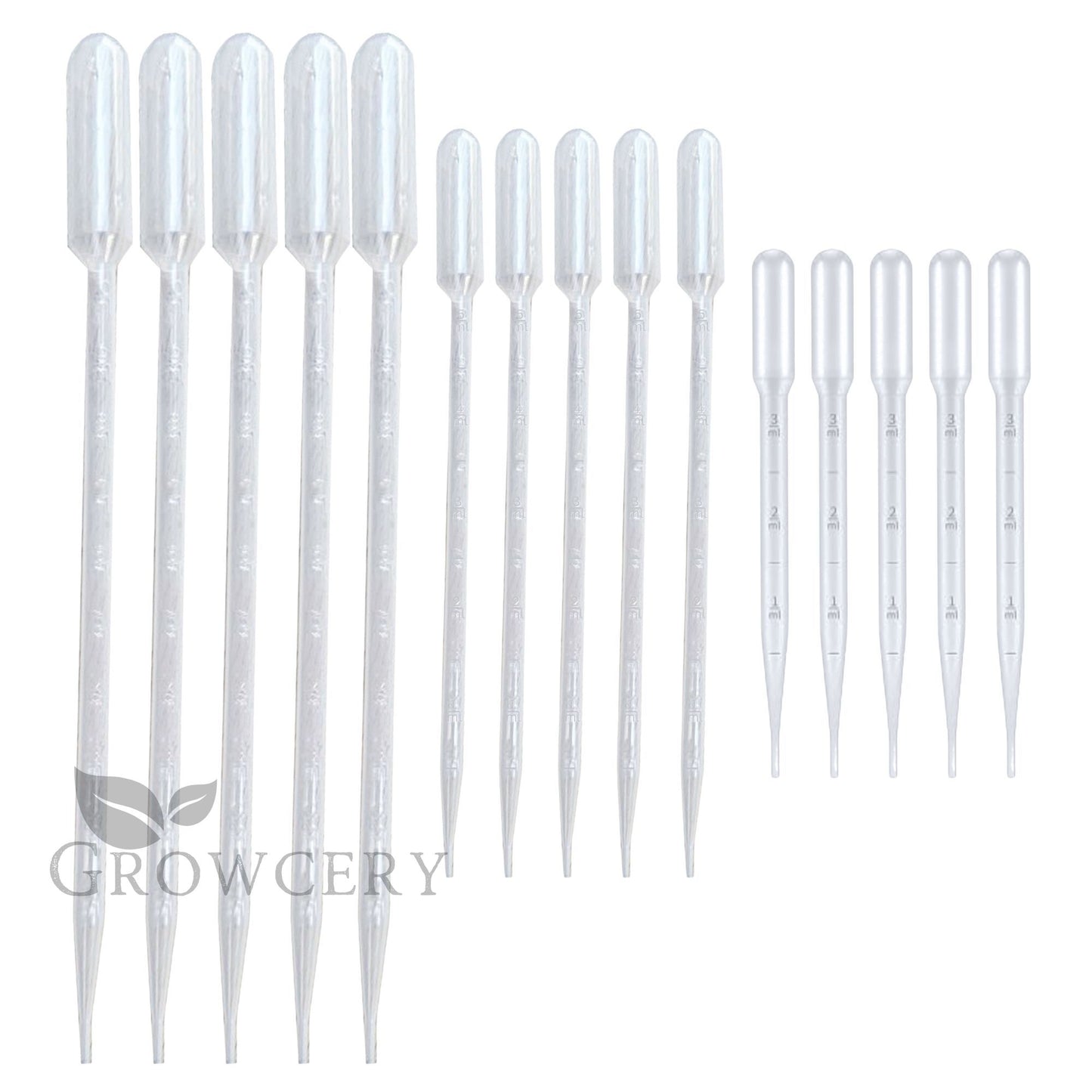 Side-by-side comparison of 3 mL, 5 mL, and 10 mL plastic droppers