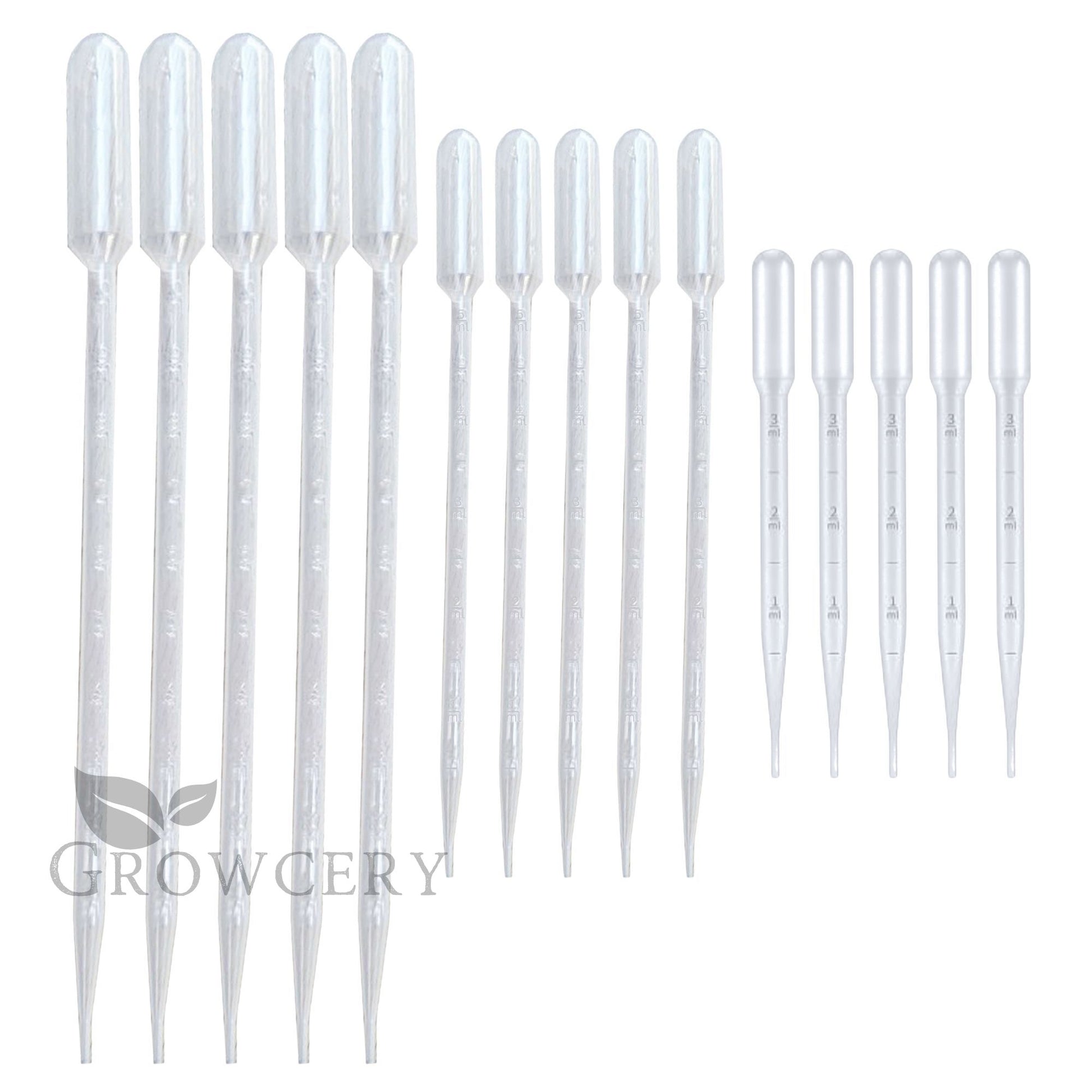 Side-by-side comparison of 3 mL, 5 mL, and 10 mL plastic droppers