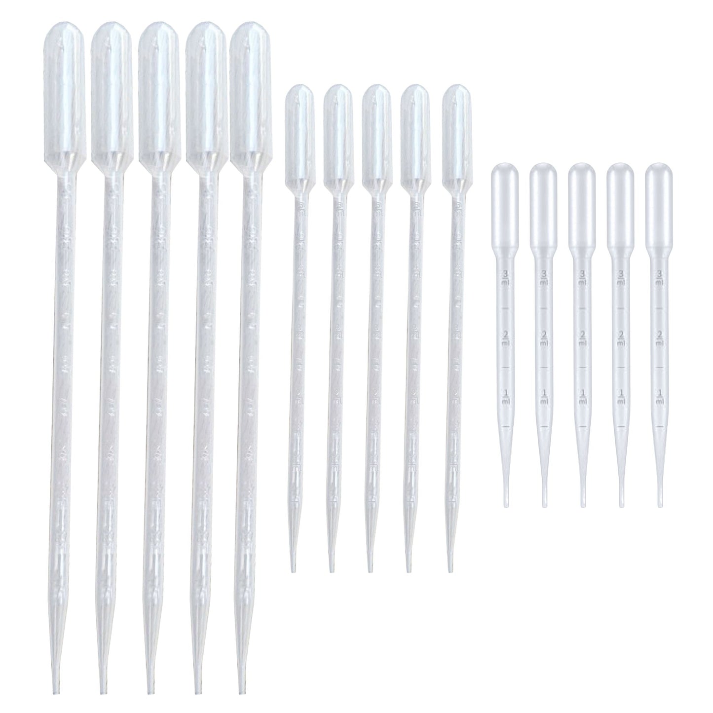 Side-by-side comparison of 3 mL, 5 mL, and 10 mL plastic droppers