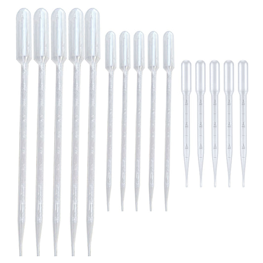 Side-by-side comparison of 3 mL, 5 mL, and 10 mL plastic droppers