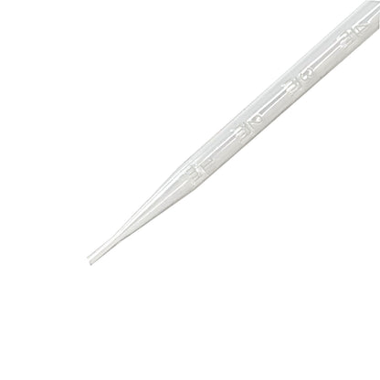 Assortment of clear disposable plastic droppers in 3 mL, 5 mL, and 10 mL sizes on white