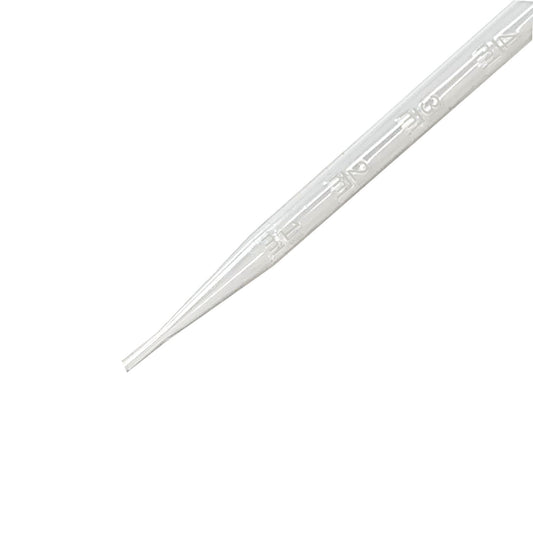 Assortment of clear disposable plastic droppers in 3 mL, 5 mL, and 10 mL sizes on white
