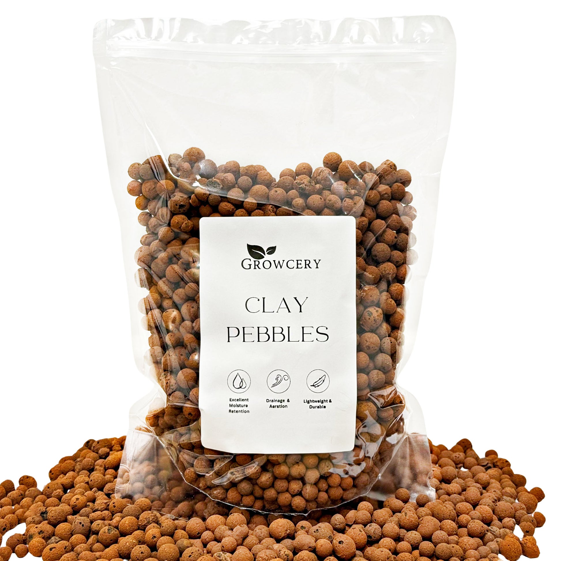 Growcery Clay Pebbles packaging – natural, porous clay balls for hydroponics and indoor plant drainage.