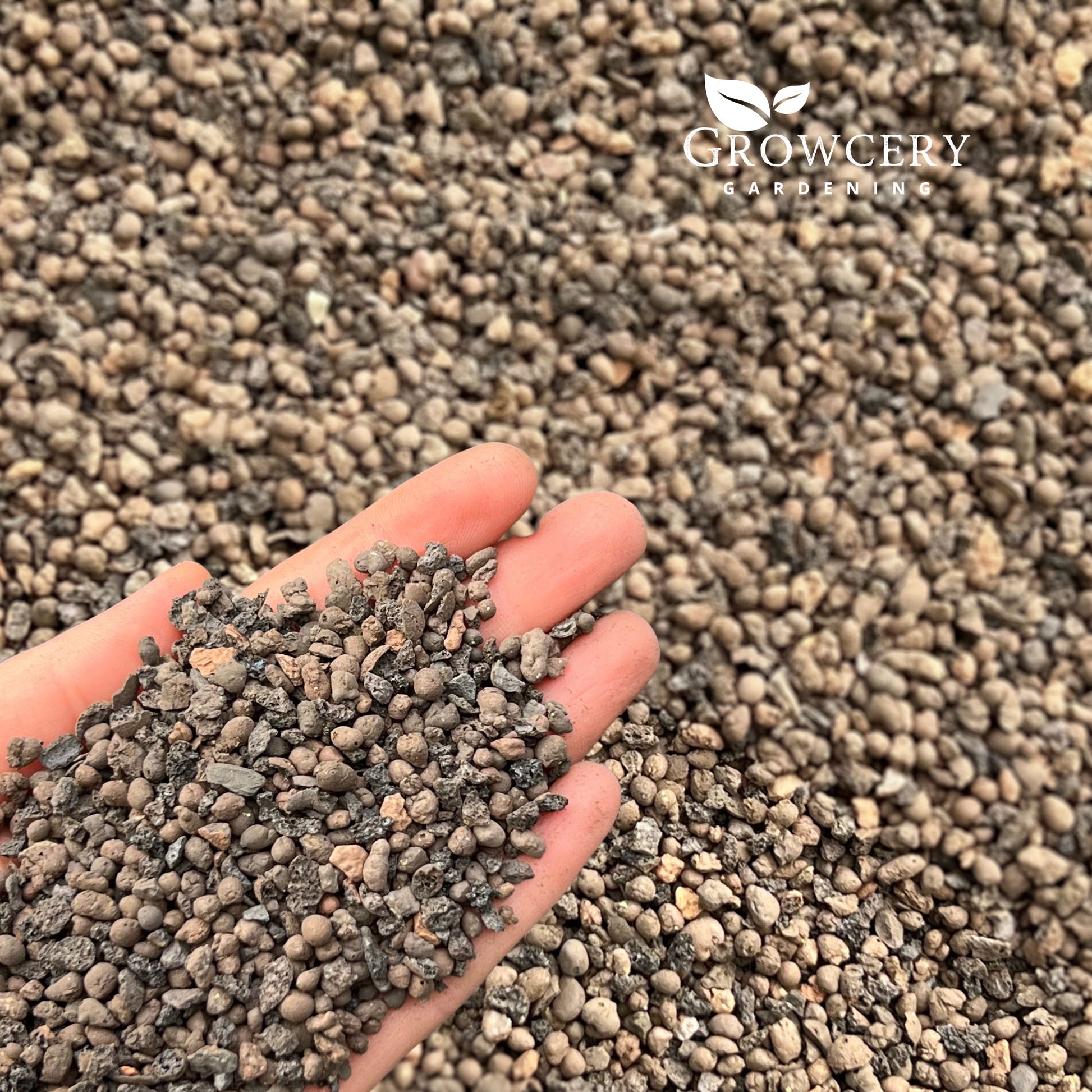 Growcery Gardening branding with LECA clay pebbles, promoting sustainable plant care and soil health.