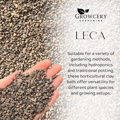 Close-up of Growcery LECA clay pebbles in hand, showing porous texture for hydroponics and traditional plant drainage.