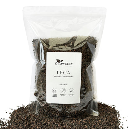 Growcery LECA (Expanded Clay Aggregate) fine grade 2-4mm pebbles for hydroponics and potting mix drainage.