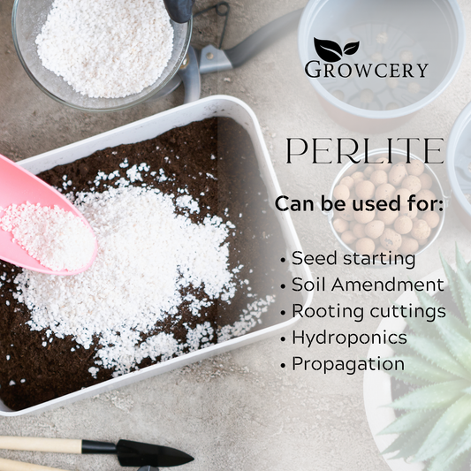 Perlite for plants, horticultural perlite, gardening perlite, soil aeration, seed Pink scoop adding Growcery perlite to potting soil for aeration