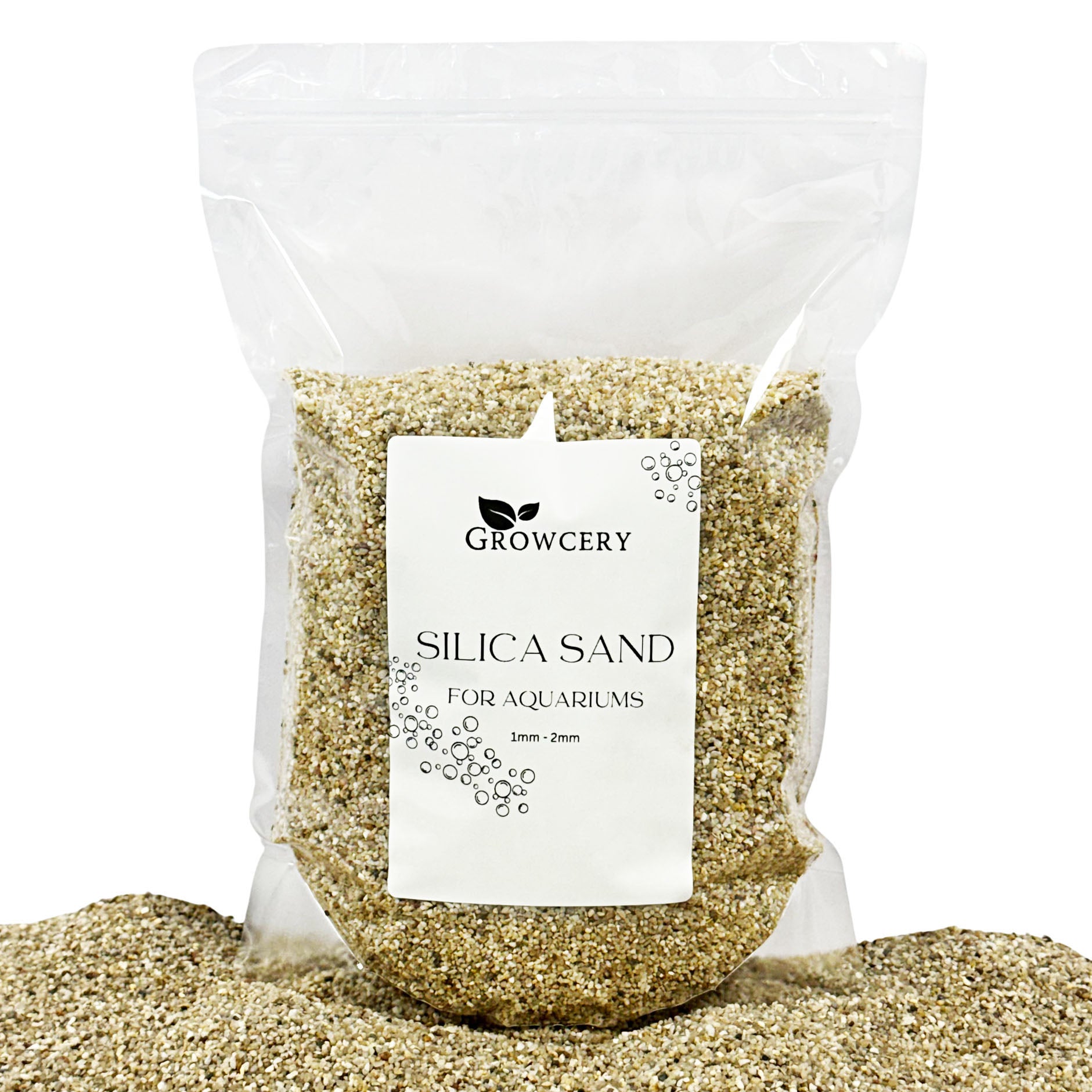 Growcery branded resealable pouch of coarse 1–2 mm silica sand on white background
