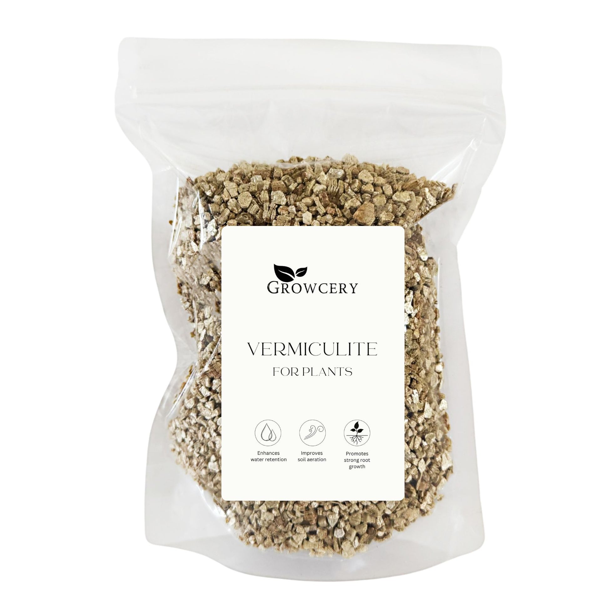 Growcery Vermiculite for Plants in clear front-facing packaging, ideal for indoor and outdoor gardening.