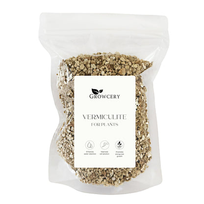 Growcery Vermiculite for Plants in clear front-facing packaging, ideal for indoor and outdoor gardening.