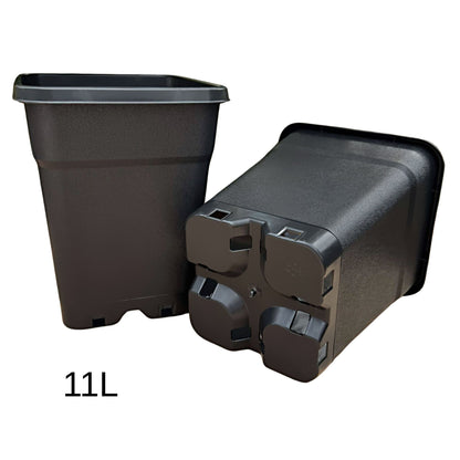 Heavy-duty black square 11 L plastic plant pot, ideal for larger shrubs with multiple drainage ports