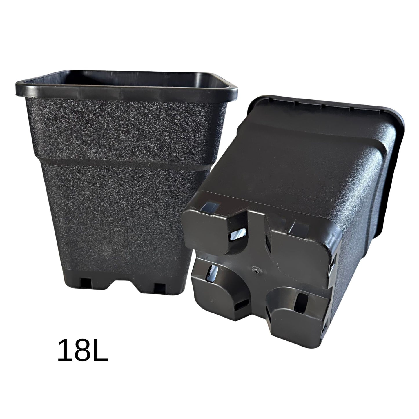 Heavy-duty black square 18 L garden pot, deep rooting space with reinforced square corners and vents