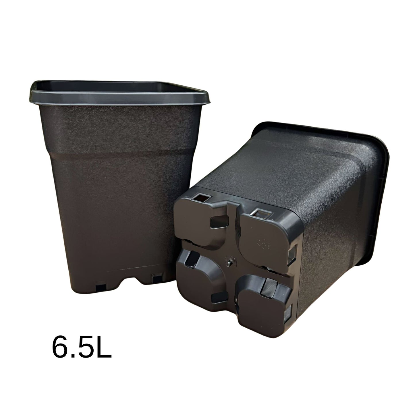 Heavy-duty black square 6.5 L plastic plant container, reinforced lip and base drainage channels