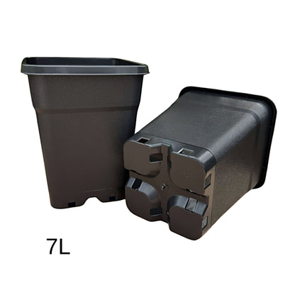 Heavy-duty black square 7 L plastic pot for seedlings, durable build with corner support feet