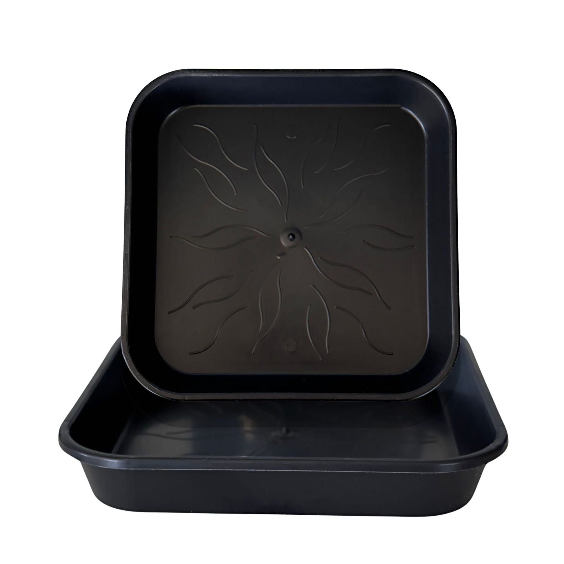 Heavy-duty plastic plant saucers – stackable square trays with leaf-patterned base for improved drainage and stability