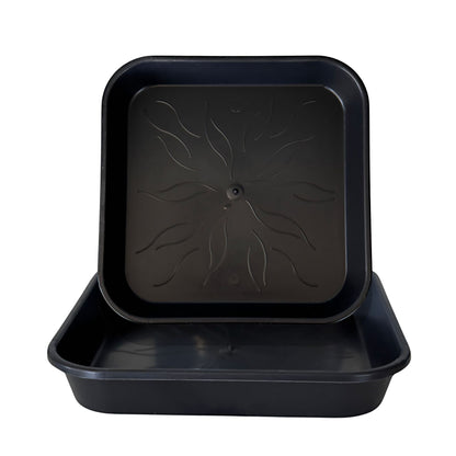 Heavy-duty plastic plant saucers – stackable square trays with leaf-patterned base for improved drainage and stability
