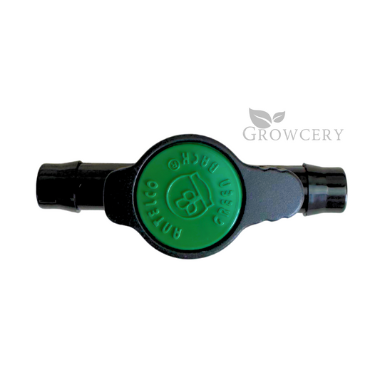 Inline irrigation valve with green handle for water flow control
