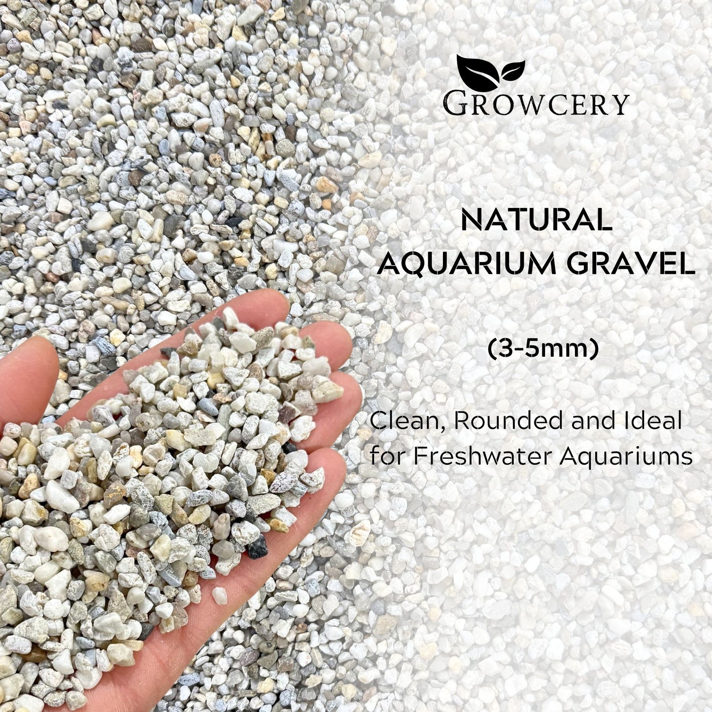 Hand holding natural 3–5mm aquarium gravel showing clean rounded quartz stones ideal for freshwater aquariums and aqua scaping.