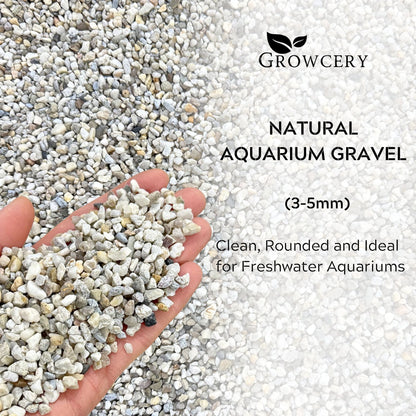 Hand holding natural 3–5mm aquarium gravel showing clean rounded quartz stones ideal for freshwater aquariums and aqua scaping.