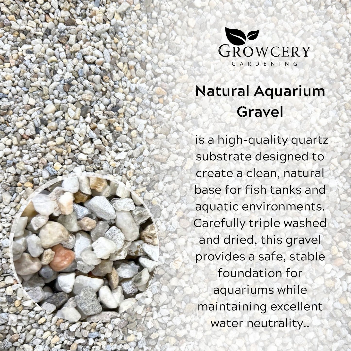 Natural aquarium gravel made from light coloured quartz stones showing rounded 3–5mm particles suitable as a fish tank substrate for freshwater aquariums.