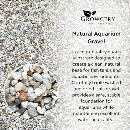 Natural aquarium gravel made from light coloured quartz stones showing rounded 3–5mm particles suitable as a fish tank substrate for freshwater aquariums.