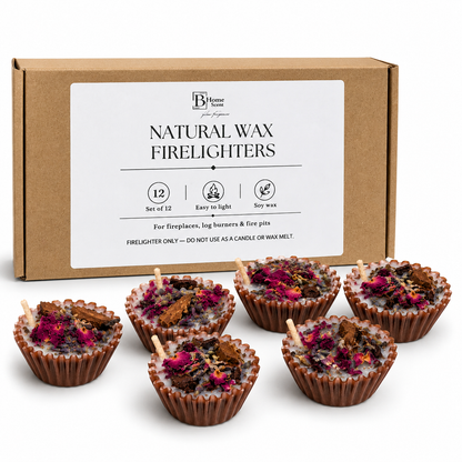 Natural firelighters set of 12 in kraft gift box for fireplaces, log burners and fire pits