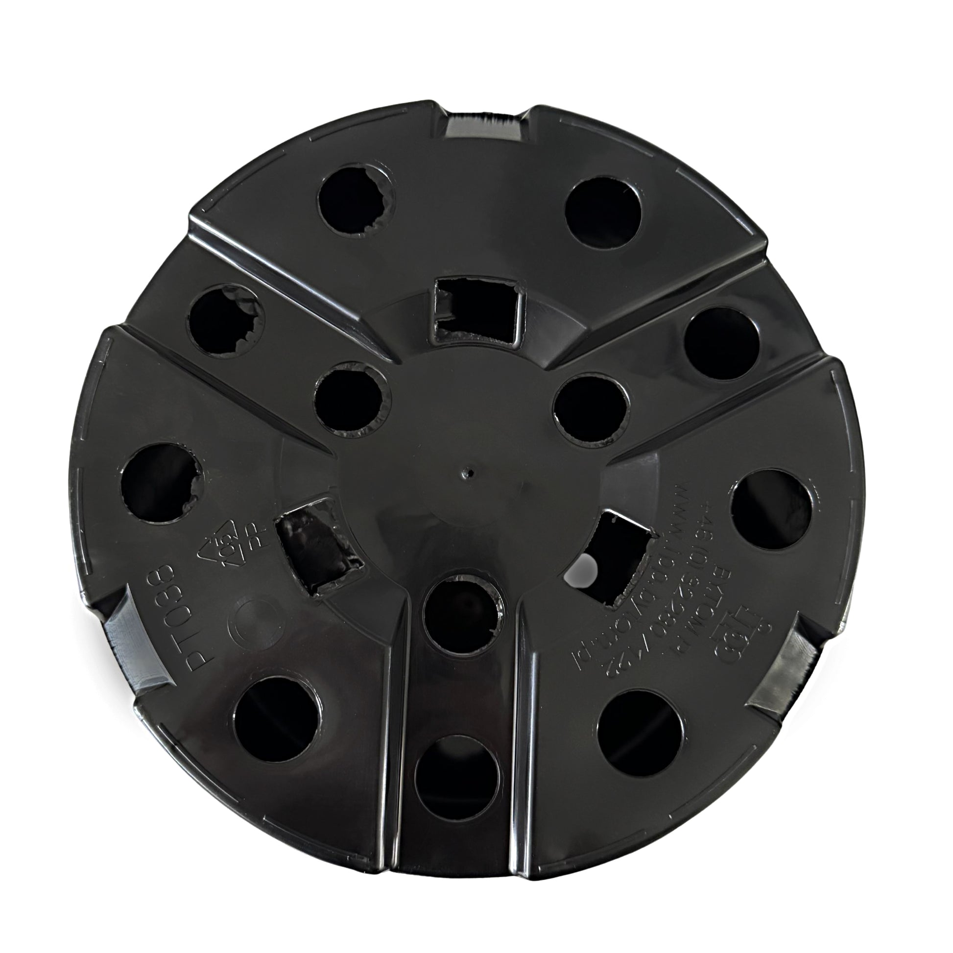 Bottom view of round plant pot showing drainage design and recycled plastic symbol