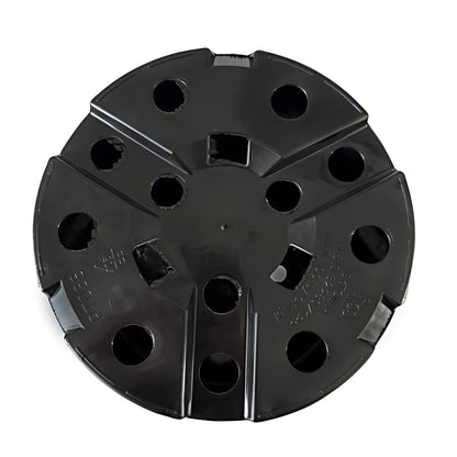 Bottom view of round plant pot showing drainage design and recycled plastic symbol