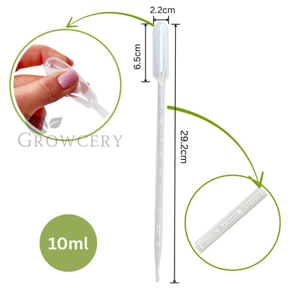 Single 10 mL plastic dropper with length dimensions and volume graduations